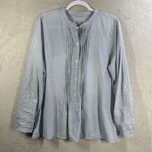 J.Jill Stripe Cotton Tunic Sz L Tall Lightweight Roll Tab Sleeve Casual Blue